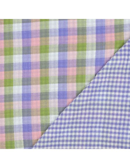 Double gauze cotton fabric with checks - Pink and lavender