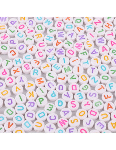 Bag of 100 white round beads - Multicolored letters