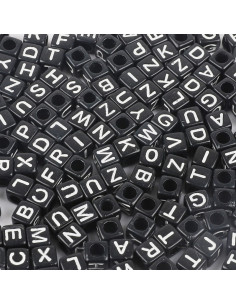 Bag of 100 black square beads - White letters