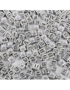 Bag of 100 silver square beads - Black letters