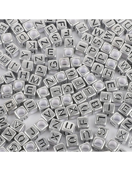 Bag of 100 silver square beads - Black letters