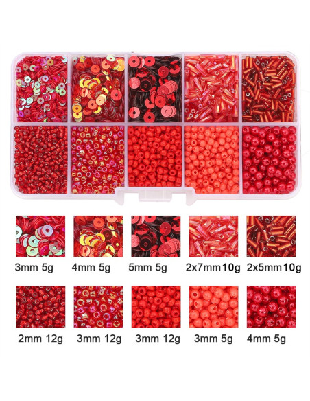 80g box of seed beads and sequins - Red