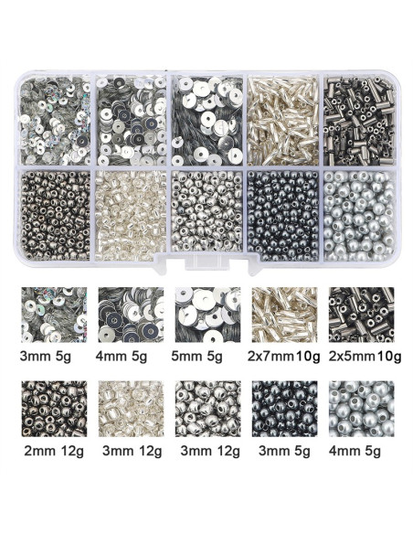 80g box of seed beads and sequins - Silver