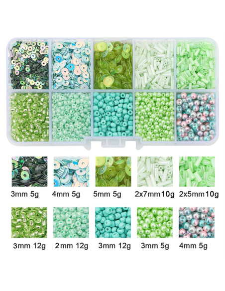 80g box of seed beads and sequins - Light green