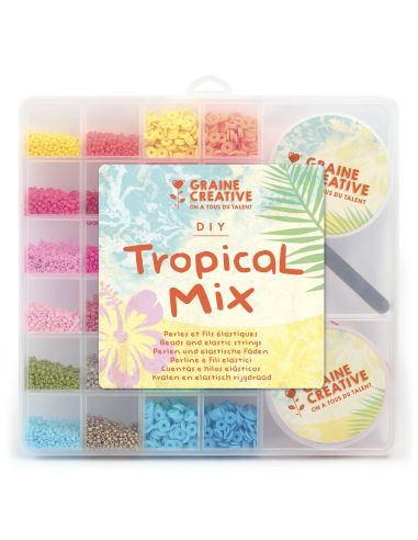 Bead box with seed beads, Heishi, elastic cord, and pliers - Tropical Mix