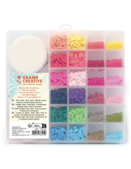 Bead box with seed beads, Heishi, elastic cord, and pliers - Tropical Mix