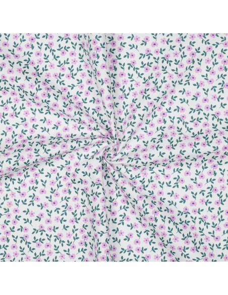 Cotton poplin fabric - Pink flowers on a white background