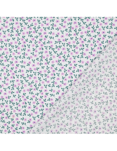 Cotton poplin fabric - Pink flowers on a white background