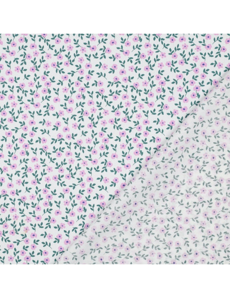 Cotton poplin fabric - Pink flowers on a white background