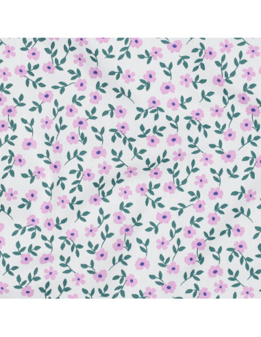 Cotton poplin fabric - Pink flowers on a white background