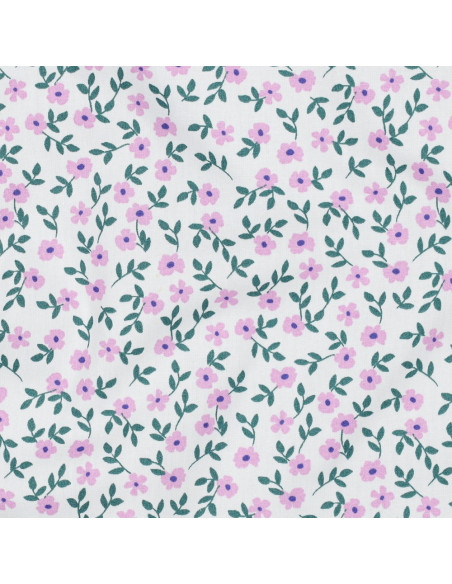Cotton poplin fabric - Pink flowers on a white background