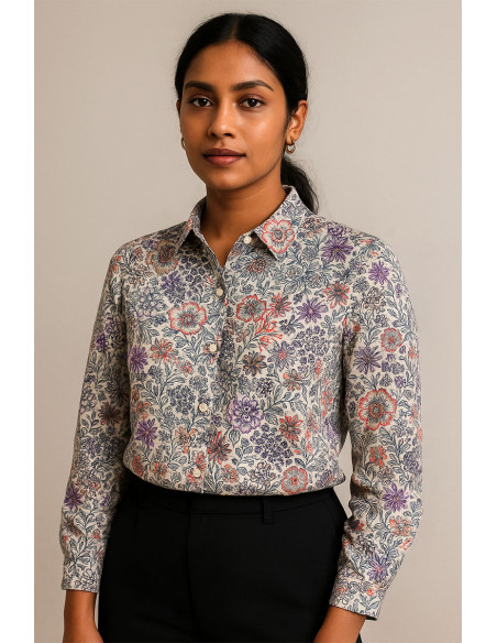 Cotton poplin fabric - Ecru flowers