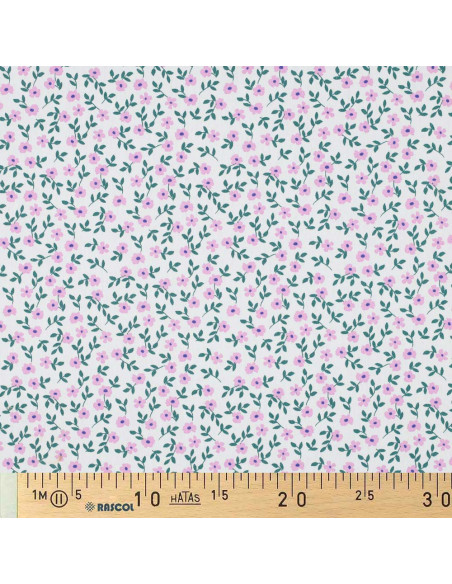 Cotton poplin fabric - Pink flowers on a white background