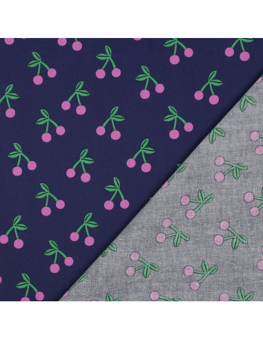 Tissu coton déperlant cerise - Bleu marine