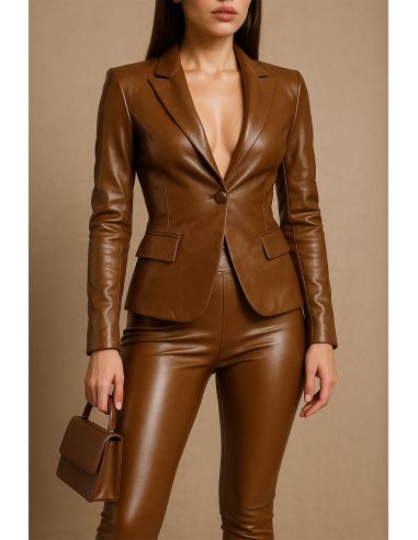 Shiny stretch faux fabric for clothing - Sepia