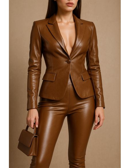 Shiny stretch faux fabric for clothing - Sepia