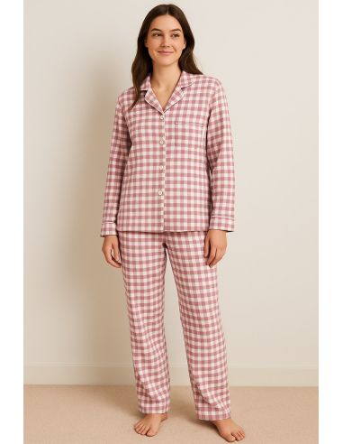Large check flannel fabric - Mauve and ecru