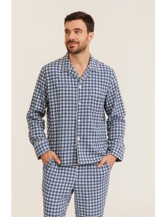 Large check flannel fabric - Blue and ecru 2