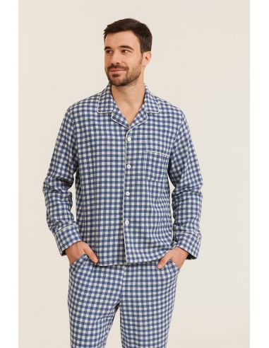 Large check flannel fabric - Blue and ecru