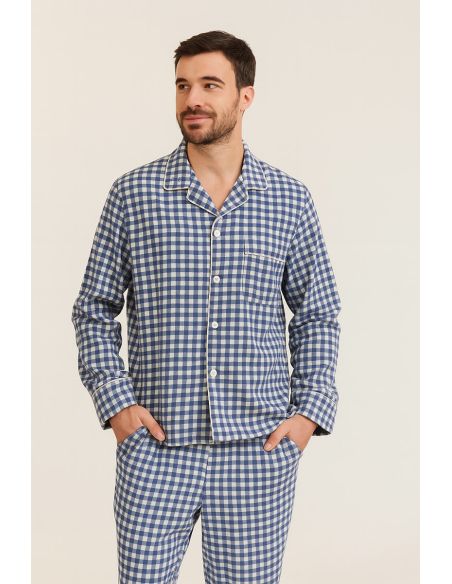 Large check flannel fabric - Blue and ecru