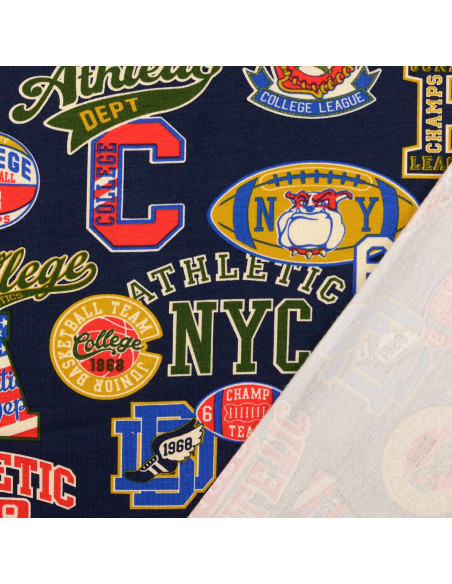 College Sweatshirt Fabric - Navy Background Patches