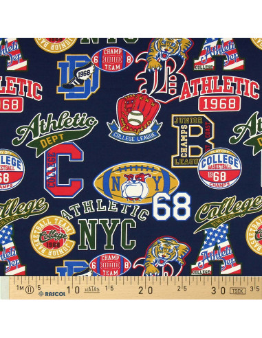 College Sweatshirt Fabric - Navy Background Patches