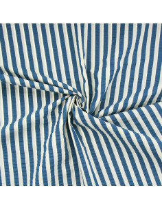 Wide stripe seersucker fabric - Denim blue and off-white