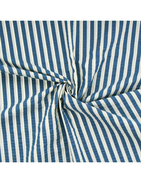 Wide stripe seersucker fabric - Denim blue and off-white