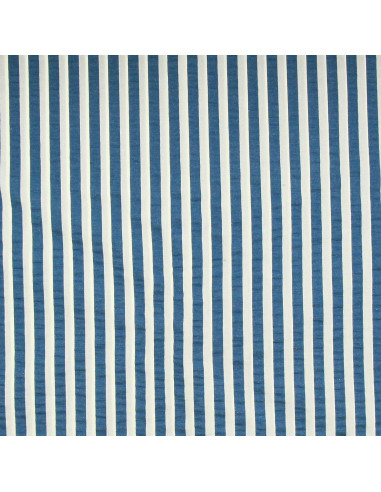 Tissu Seersucker à rayures larges - Bleu jeans et blanc cassé