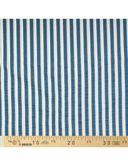 Tissu Seersucker à rayures larges - Bleu jeans et blanc cassé