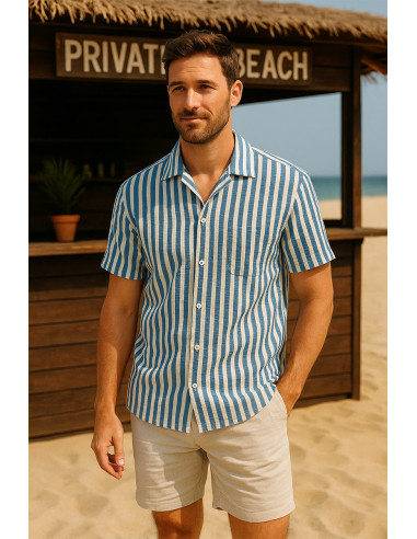 Tissu Seersucker à rayures larges - Bleu jeans et blanc cassé