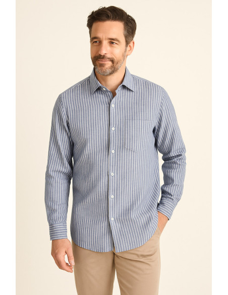 Linen cotton fabric - Fine stripes - Denim blue