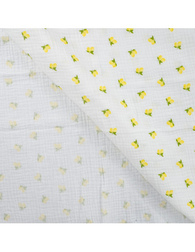 Double gauze cotton fabric - Lemons on off-white background