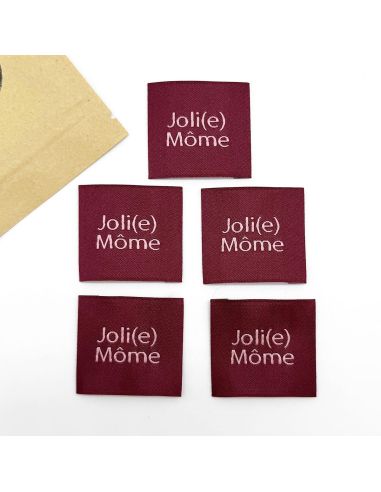 Set of 5 woven sew-on labels Joli Môme burgundy