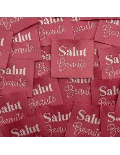 Set of 5 woven sew-on labels "Salut Beauté" Indian pink