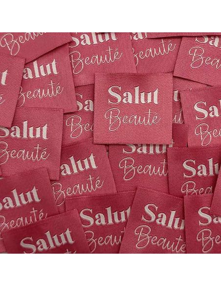 Set of 5 woven sew-on labels "Salut Beauté" Indian pink