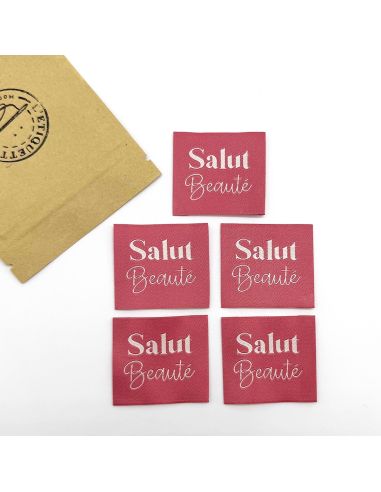 Set of 5 woven sew-on labels "Salut Beauté" Indian pink