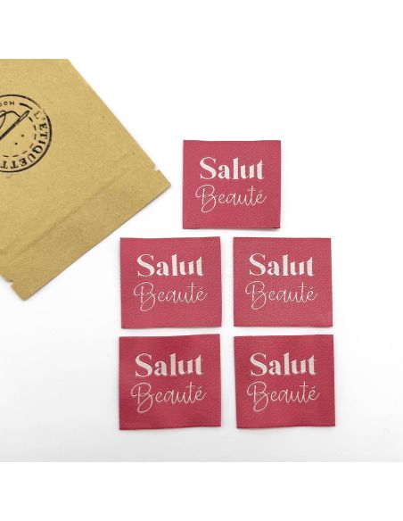 Set of 5 woven sew-on labels "Salut Beauté" Indian pink