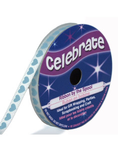 White Celebrate satin ribbon with sky blue hearts print - 6 mm x 4 meters