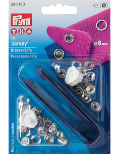 Box of 10 nickel jersey snap buttons with 8 mm tool