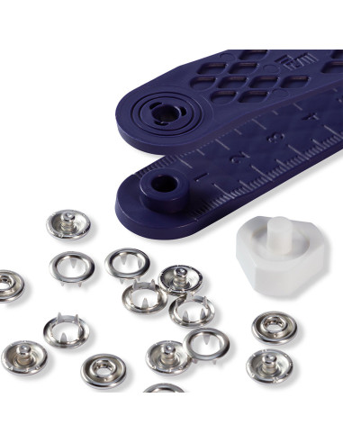 Box of 10 nickel jersey snap buttons with 8 mm tool