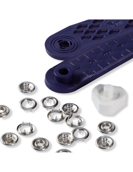 Box of 10 nickel jersey snap buttons with 8 mm tool