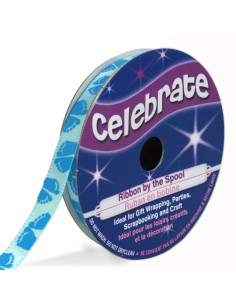 Celebrate sky blue satin ribbon with blue feet print - 6 mm x 4 meters