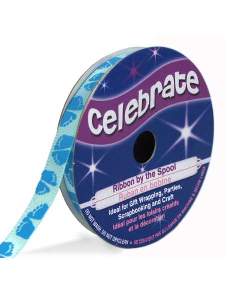 Celebrate sky blue satin ribbon with blue feet print - 6 mm x 4 meters