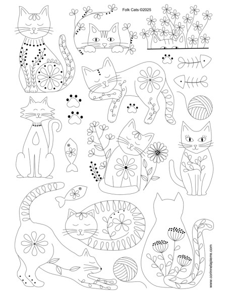 Water-soluble embroidery transfer sheets - Folk cats