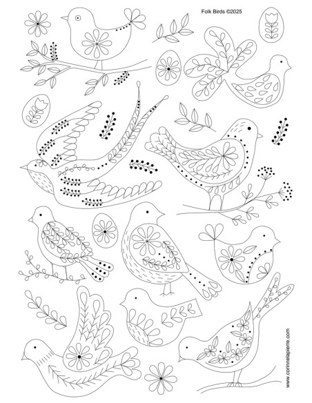 Water-soluble embroidery transfer sheets - Folk birds