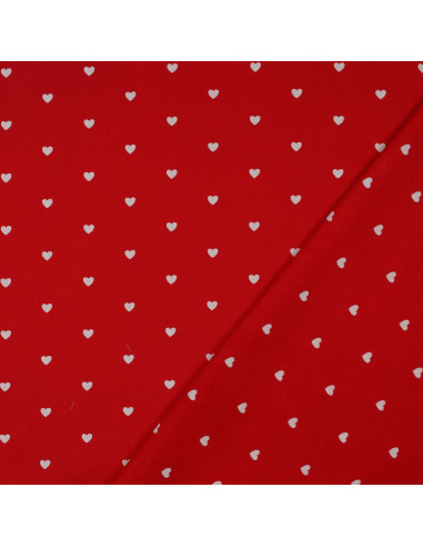 Fancy cotton poplin fabric - White hearts on a red background