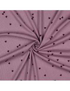 Ribbed cotton jersey fabric - Mauve hearts