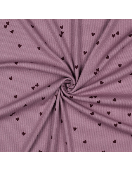 Ribbed cotton jersey fabric - Mauve hearts