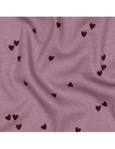 Ribbed cotton jersey fabric - Mauve hearts